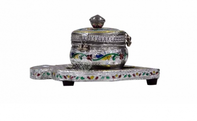 Dry Fruit Box - Steel Leaf Tray Meenakari Silver 