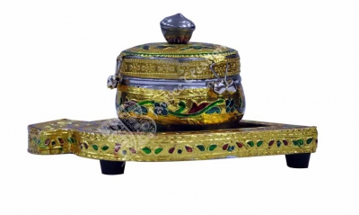 Dry Fruit Box - Steel Leaf Tray Meenakari Gold