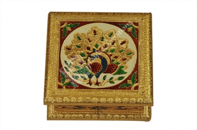 Dry Fruit Box - Wood Square Meenakari Gold ( Large ) 