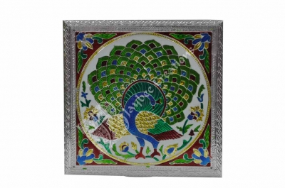 Dry Fruit Box - Wood Square Meenakari With Peacock
