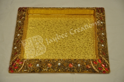 Tray - Wood Square Gold with Stone work 12 *12"