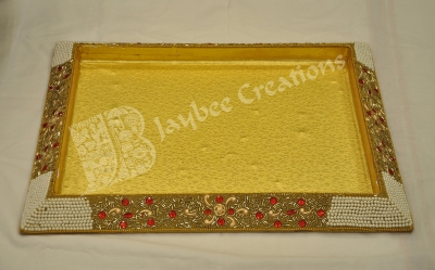 Tray - Wood Rectangle Stone Work With Corner Pearl