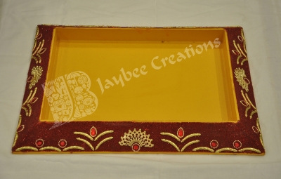 Tray - Wood Rectangle Maroon with Stone work 19*15"
